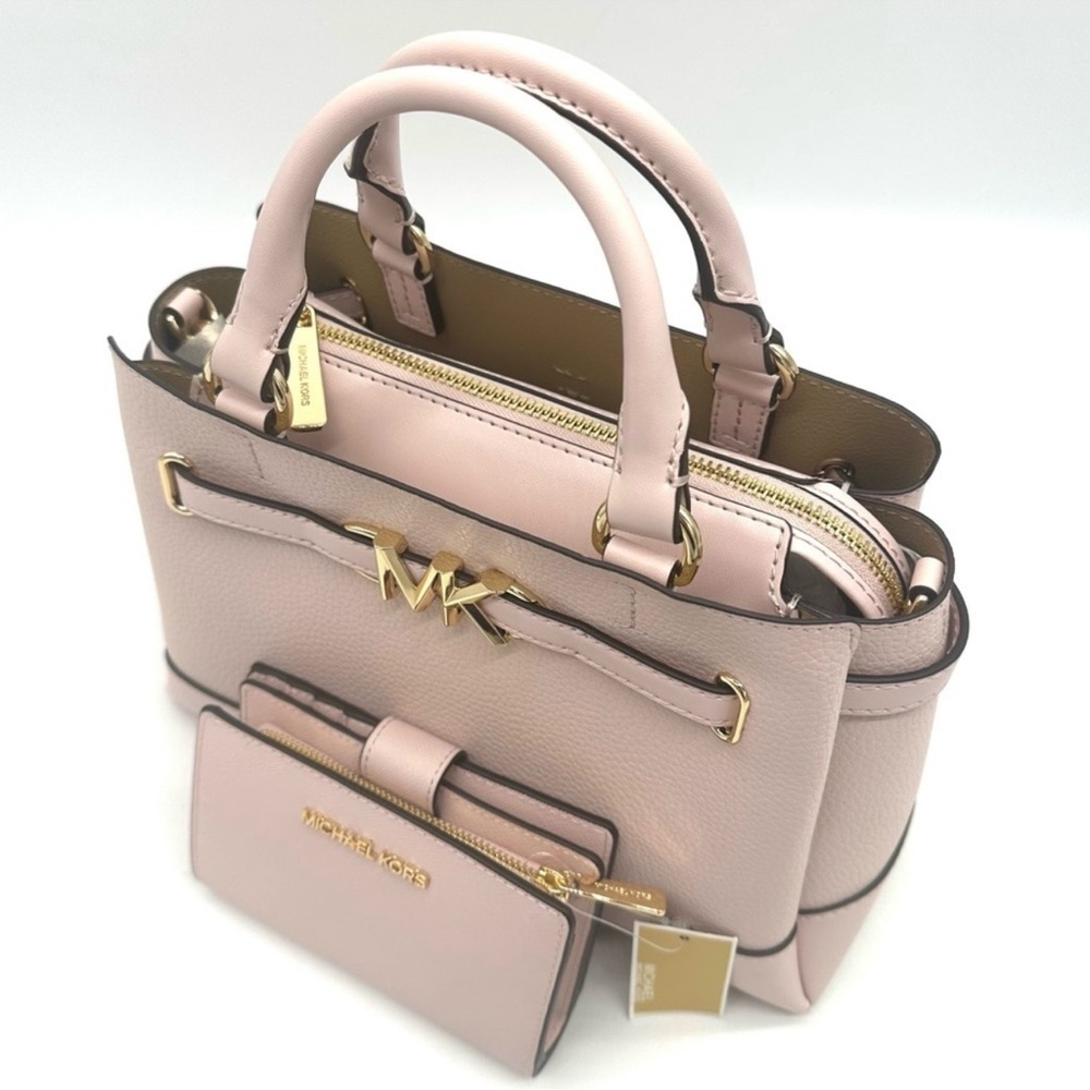 Michael Kors Reed Small Satchel Crossbody Bag & MD Bifold Zip Chain Wallet Pink - Picture 9 of 14